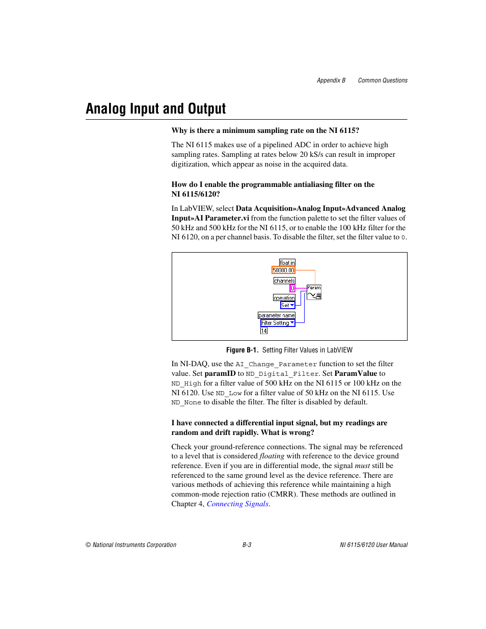 Figure b-1. setting filter values in labview, Analog input and output | National Instruments NI 6120 User Manual | Page 101 / 127