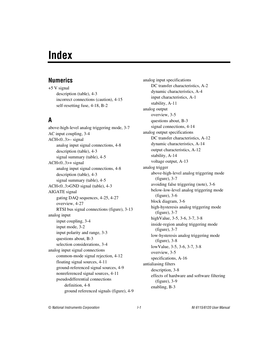 Index, Numerics | National Instruments NI 6120 User Manual | Page 118 / 127