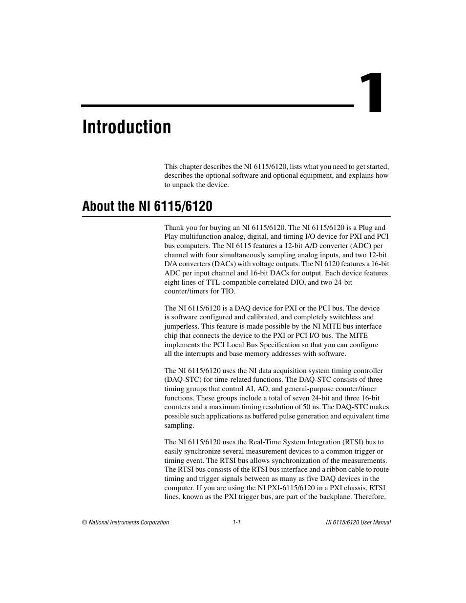 Chapter 1 introduction, About the ni 6115/6120, About the ni 6115/6120 -1 | Introduction | National Instruments NI 6120 User Manual | Page 12 / 127