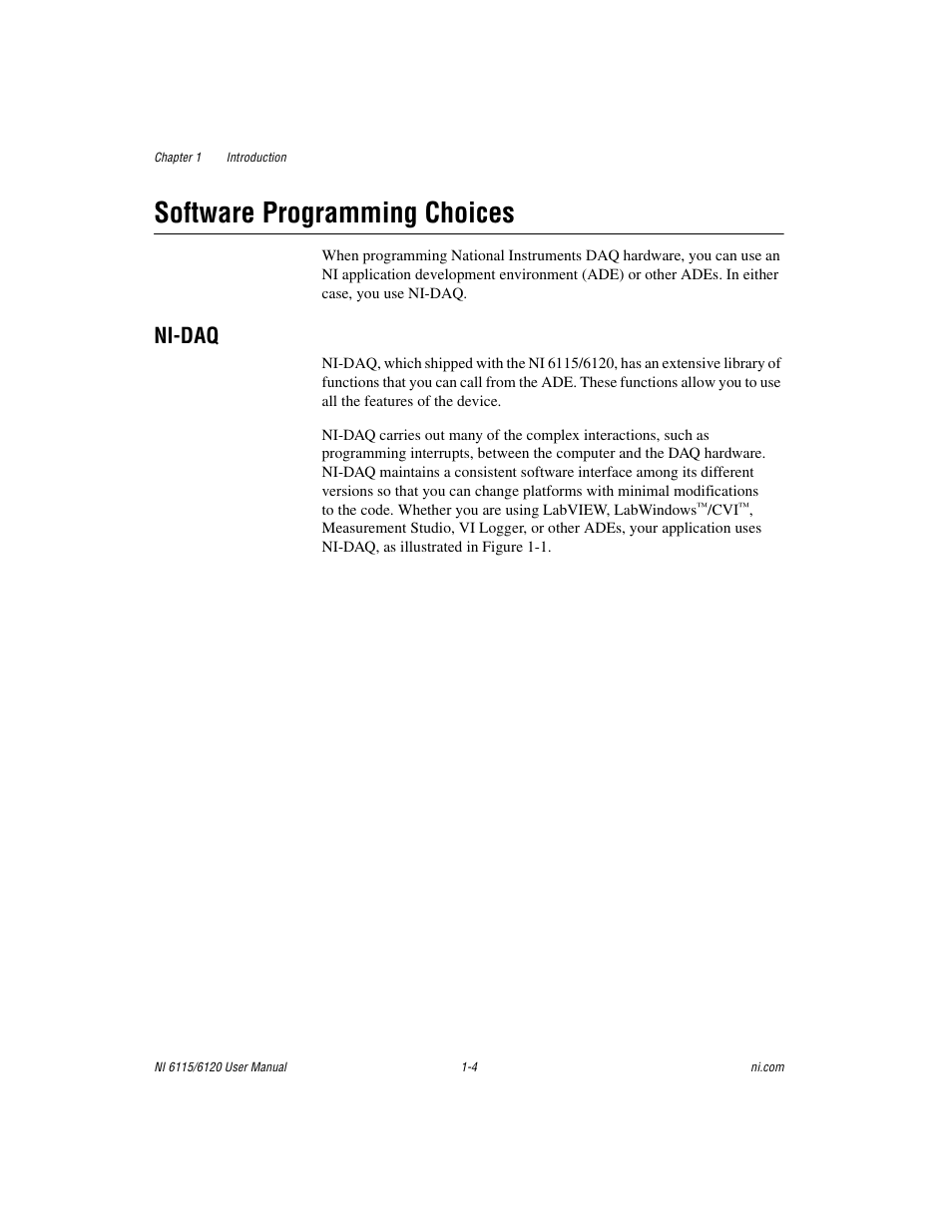 Software programming choices, Ni-daq, Software programming choices -4 | Ni-daq -4 | National Instruments NI 6120 User Manual | Page 15 / 127