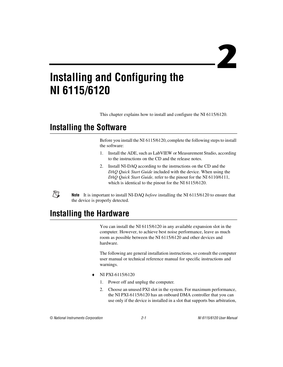 Installing the software, Installing the hardware | National Instruments NI 6120 User Manual | Page 22 / 127