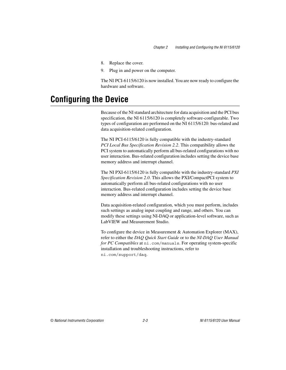 Configuring the device, Configuring the device -3 | National Instruments NI 6120 User Manual | Page 24 / 127