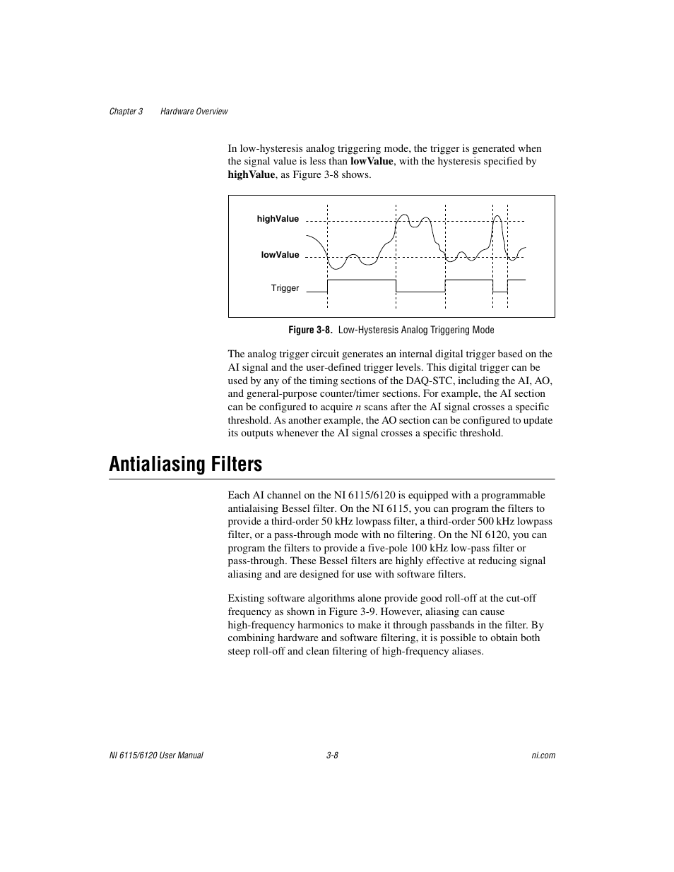 Figure 3-8. low-hysteresis analog triggering mode, Antialiasing filters, Antialiasing filters -8 | H 3-8 for | National Instruments NI 6120 User Manual | Page 32 / 127