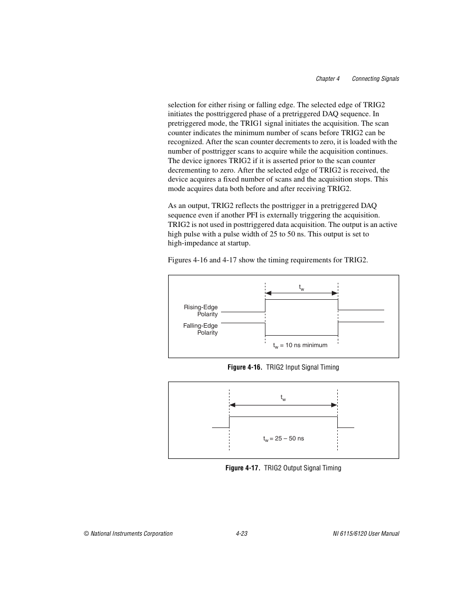 Figure 4-16. trig2 input signal timing, Figure 4-17. trig2 output signal timing | National Instruments NI 6120 User Manual | Page 61 / 127