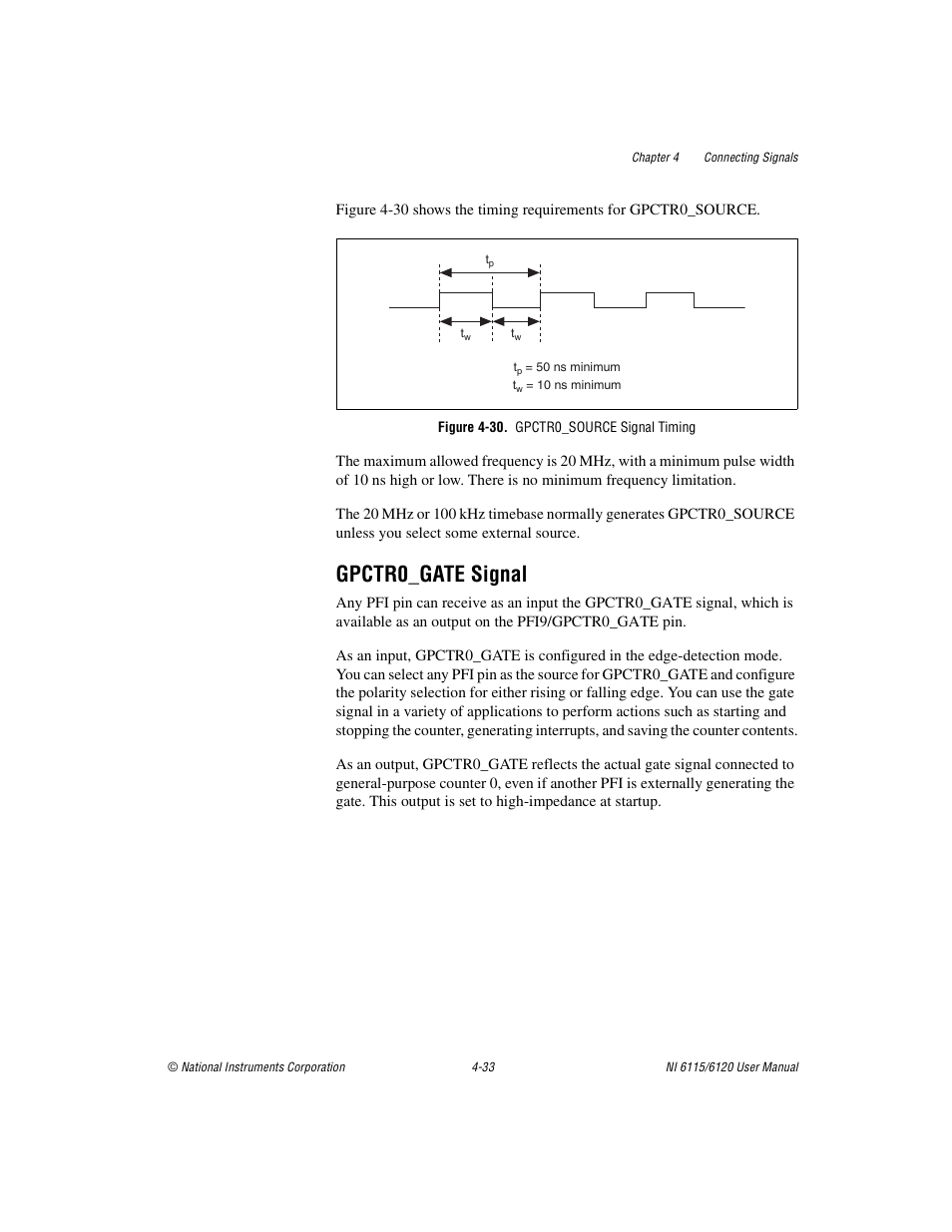 Figure 4-30. gpctr0_source signal timing, Gpctr0_gate signal, Gpctr0_gate signal -33 | National Instruments NI 6120 User Manual | Page 71 / 127