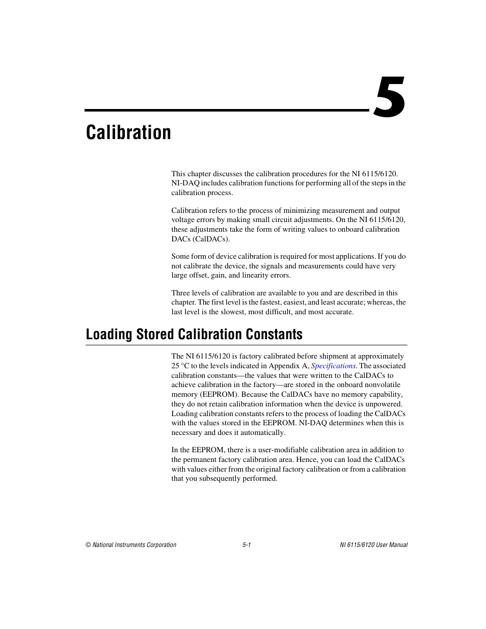 Chapter 5 calibration, Loading stored calibration constants, Loading stored calibration constants -1 | Calibration | National Instruments NI 6120 User Manual | Page 78 / 127