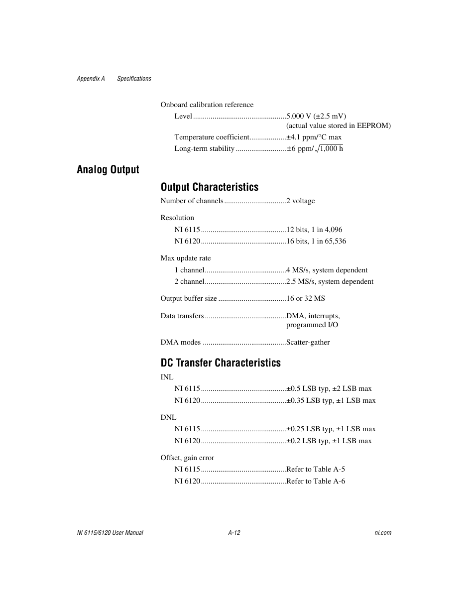 Analog output output characteristics, Dc transfer characteristics | National Instruments NI 6120 User Manual | Page 92 / 127
