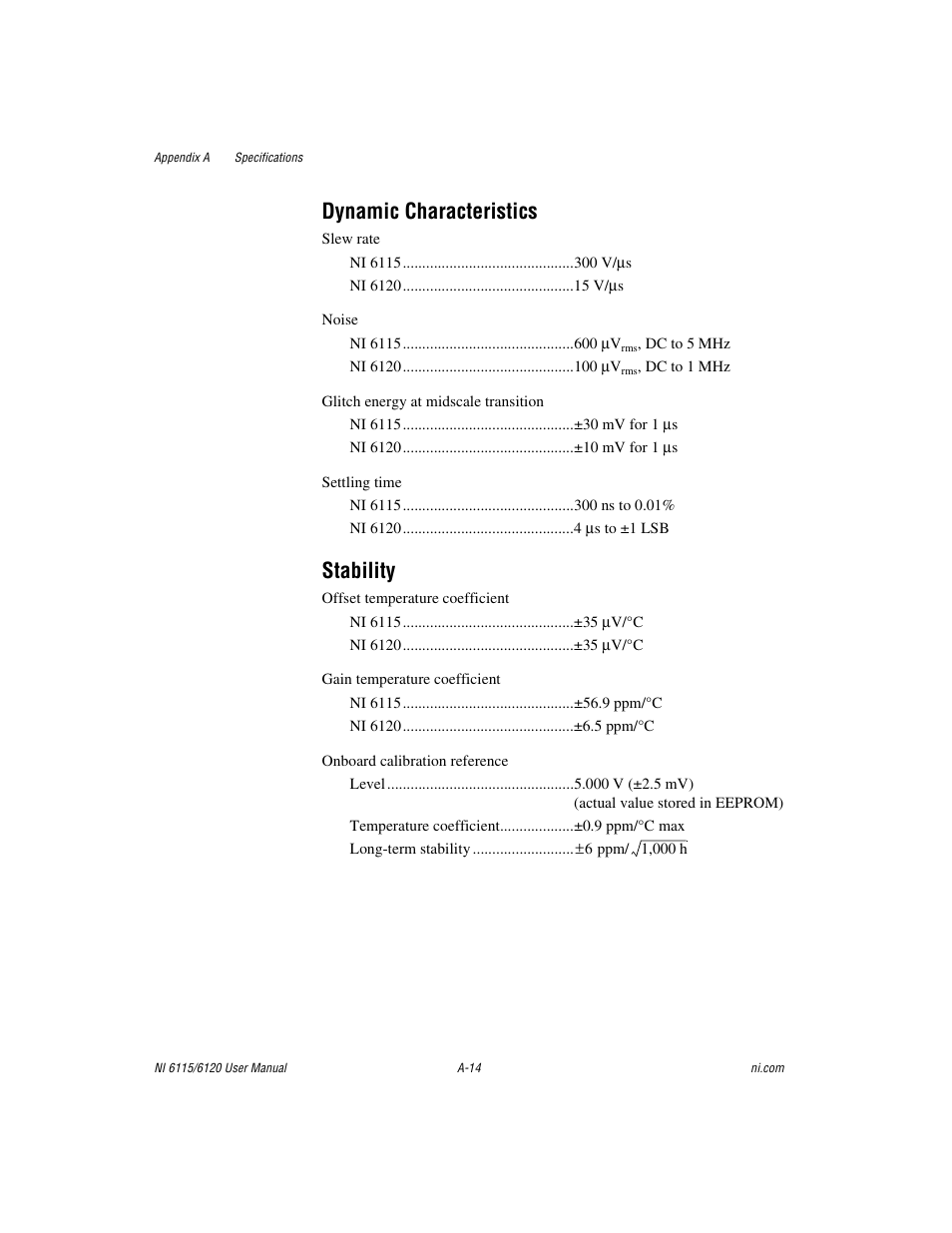 Dynamic characteristics, Stability | National Instruments NI 6120 User Manual | Page 94 / 127