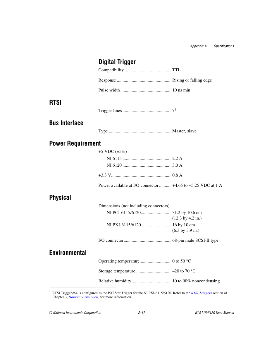 Digital trigger, Rtsi, Bus interface | Power requirement, Physical, Environmental | National Instruments NI 6120 User Manual | Page 97 / 127