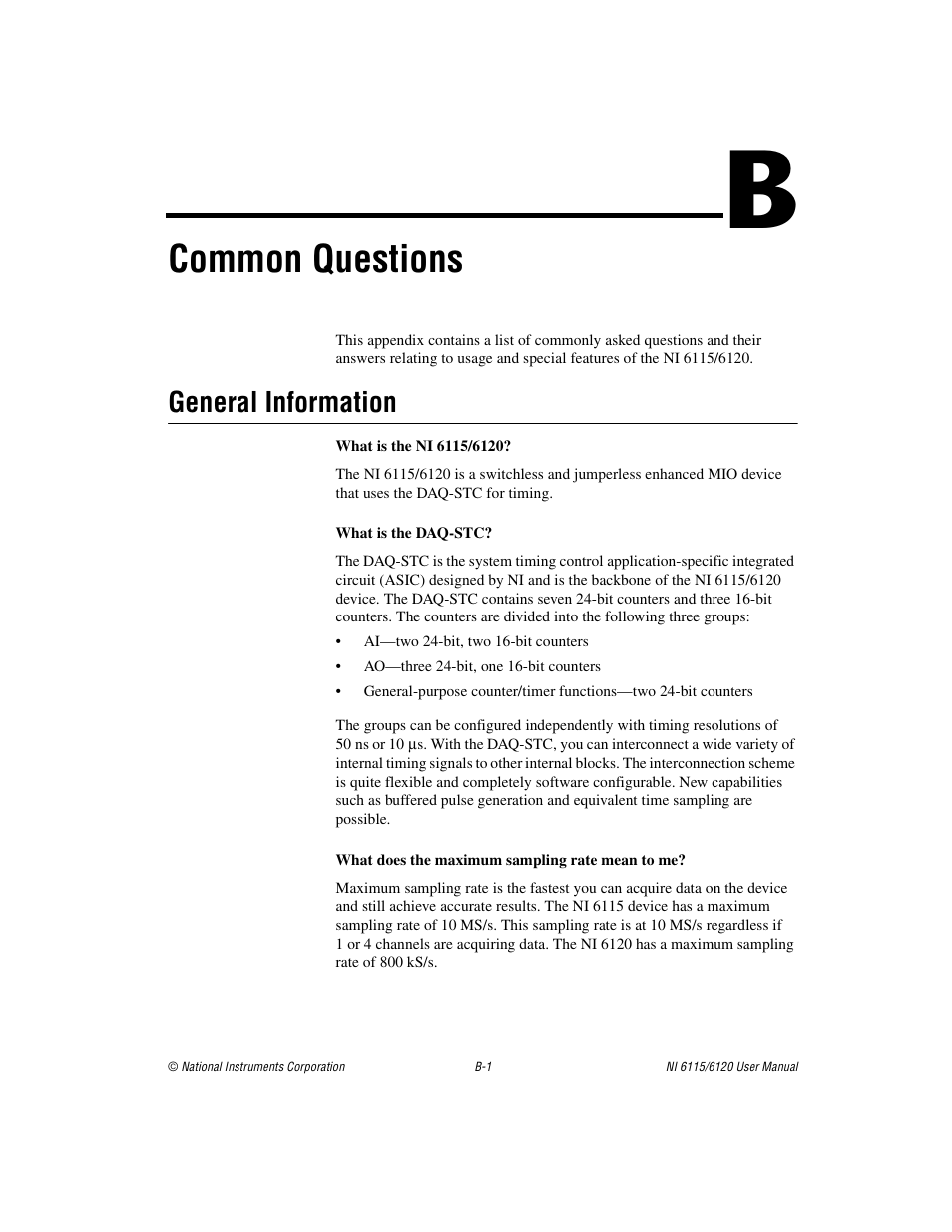Appendix b common questions, Common questions, General information | National Instruments NI 6120 User Manual | Page 99 / 127