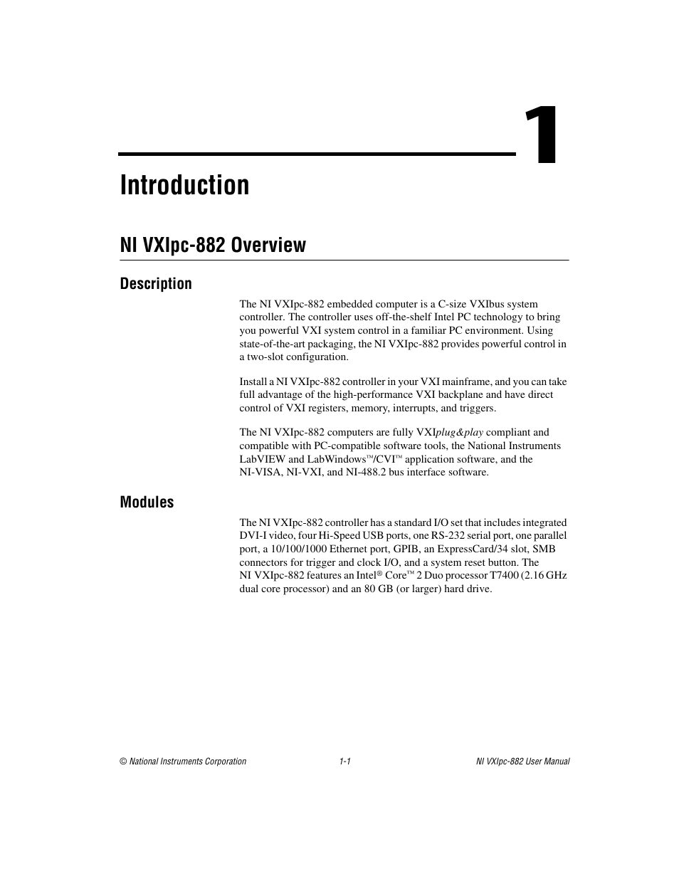 Chapter 1 introduction, Ni vxipc-882 overview, Description | Modules, Ni vxipc-882 overview -1, Description -1 modules -1, Introduction | National Instruments NI VXIpc-882 User Manual | Page 11 / 106