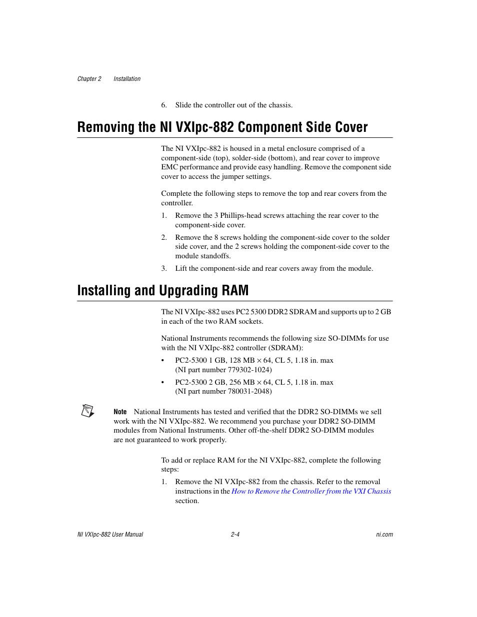 Removing the ni vxipc-882 component side cover, Installing and upgrading ram | National Instruments NI VXIpc-882 User Manual | Page 18 / 106