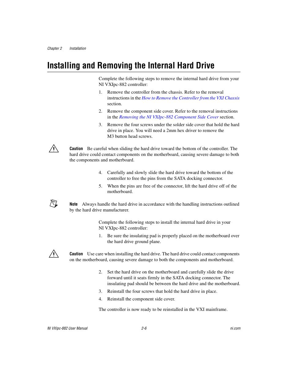 Installing and removing the internal hard drive, Installing and removing the internal hard drive -6 | National Instruments NI VXIpc-882 User Manual | Page 20 / 106