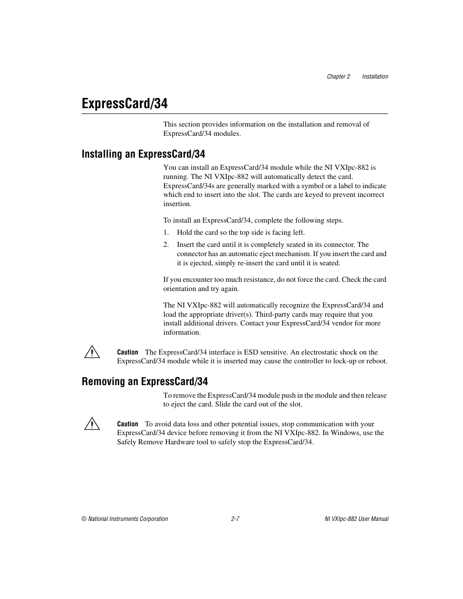 Expresscard/34, Installing an expresscard/34, Removing an expresscard/34 | Expresscard/34 -7 | National Instruments NI VXIpc-882 User Manual | Page 21 / 106