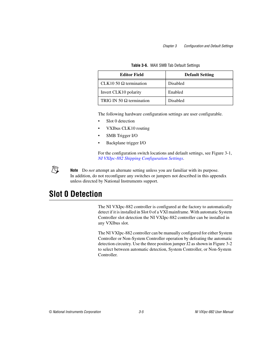 Table 3-6. max smb tab default settings, Slot 0 detection, Slot 0 detection -5 | National Instruments NI VXIpc-882 User Manual | Page 26 / 106
