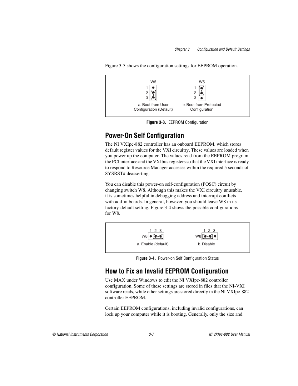 Figure 3-3. eeprom configuration, Power-on self configuration, Figure 3-4. power-on self configuration status | How to fix an invalid eeprom configuration | National Instruments NI VXIpc-882 User Manual | Page 28 / 106