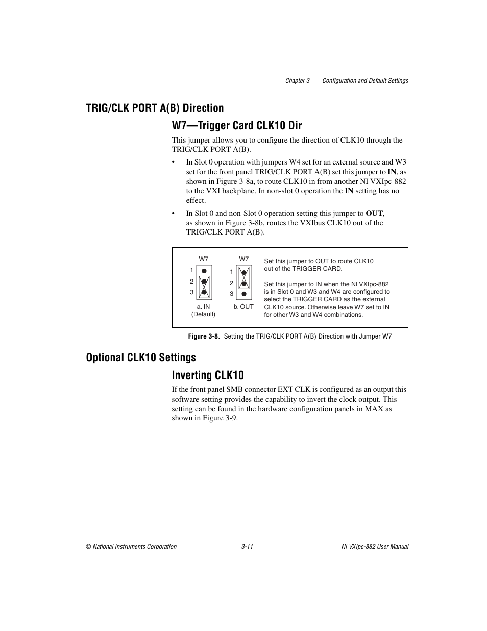 Trig/clk port a(b) direction, W7—trigger card clk10 dir, Optional clk10 settings | Inverting clk10, Trig/clk port a(b) direction -11, W7—trigger card clk10 dir -11, Optional clk10 settings -11, Inverting clk10 -11, Optional clk10 settings inverting clk10 | National Instruments NI VXIpc-882 User Manual | Page 32 / 106