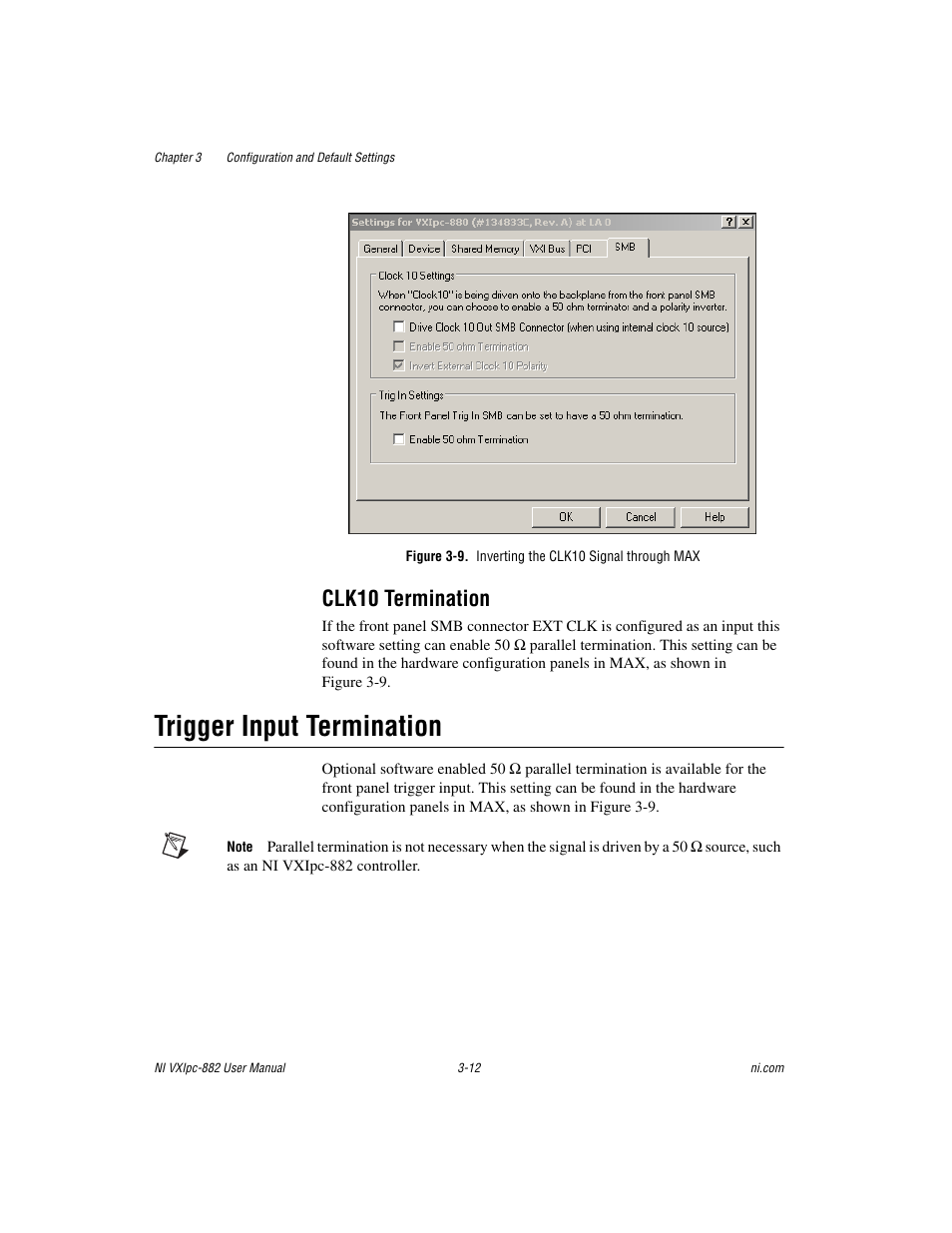 Figure 3-9. inverting the clk10 signal through max, Clk10 termination, Trigger input termination | Clk10 termination -12, Trigger input termination -12 | National Instruments NI VXIpc-882 User Manual | Page 33 / 106