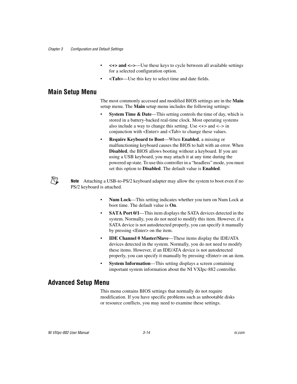 Main setup menu, Advanced setup menu, Main setup menu -14 advanced setup menu -14 | National Instruments NI VXIpc-882 User Manual | Page 35 / 106
