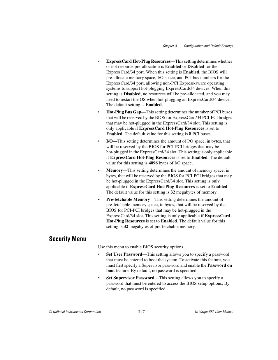 Security menu, Security menu -17 | National Instruments NI VXIpc-882 User Manual | Page 38 / 106