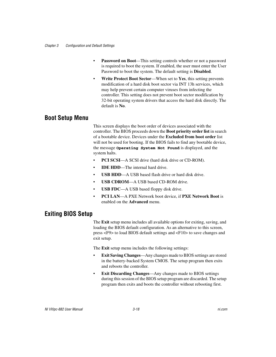 Boot setup menu, Exiting bios setup, Boot setup menu -18 exiting bios setup -18 | National Instruments NI VXIpc-882 User Manual | Page 39 / 106