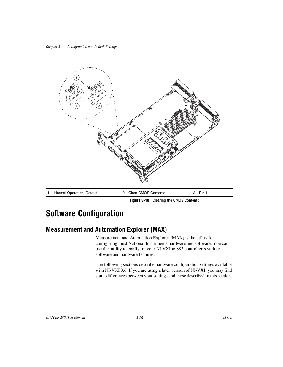 Figure 3-10. clearing the cmos contents, Software configuration, Measurement and automation explorer (max) | Software configuration -20, Measurement and automation explorer (max) -20 | National Instruments NI VXIpc-882 User Manual | Page 41 / 106