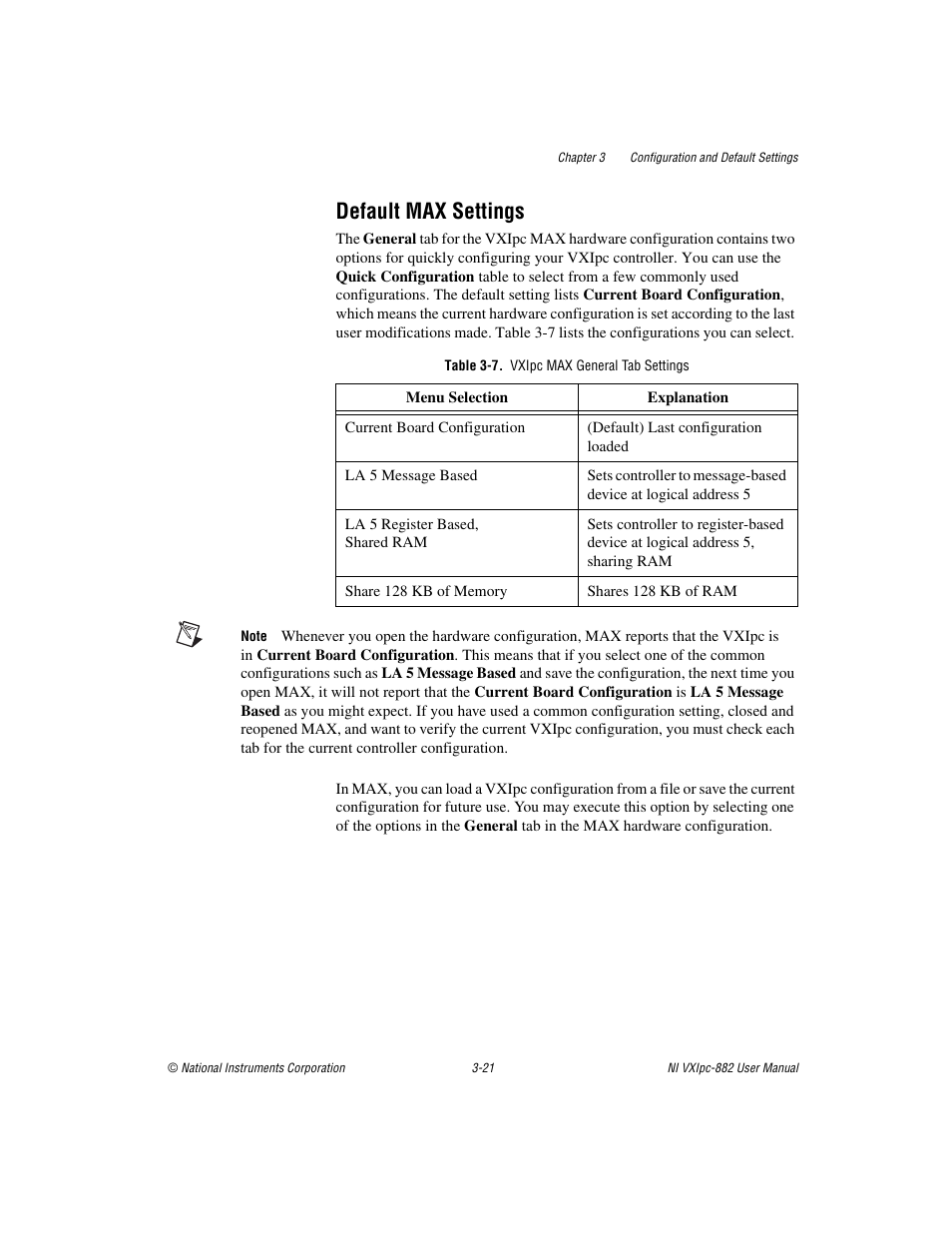 Default max settings, Table 3-7. vxipc max general tab settings, Default max settings -21 | National Instruments NI VXIpc-882 User Manual | Page 42 / 106