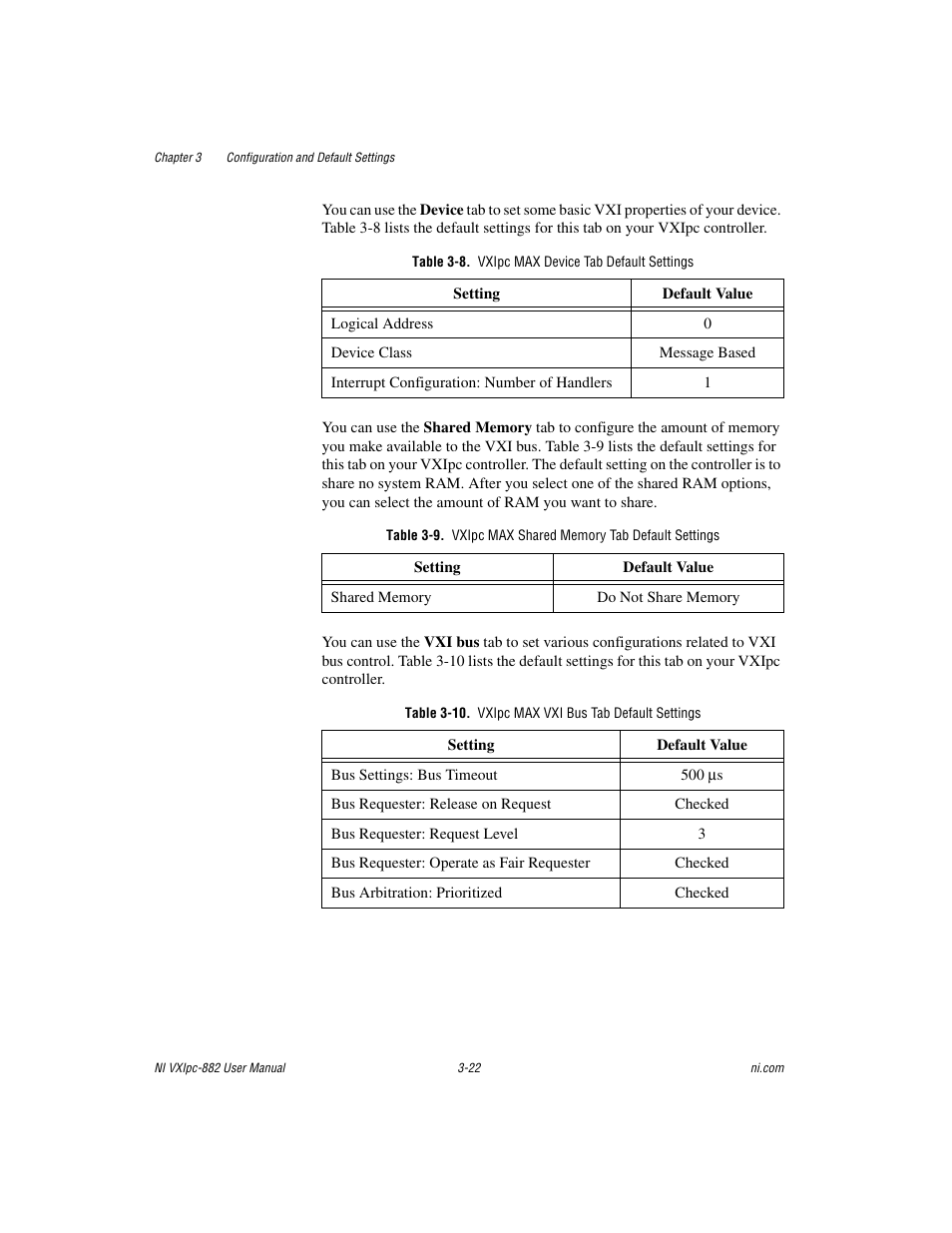 Table 3-8. vxipc max device tab default settings, Table 3-10. vxipc max vxi bus tab default settings | National Instruments NI VXIpc-882 User Manual | Page 43 / 106