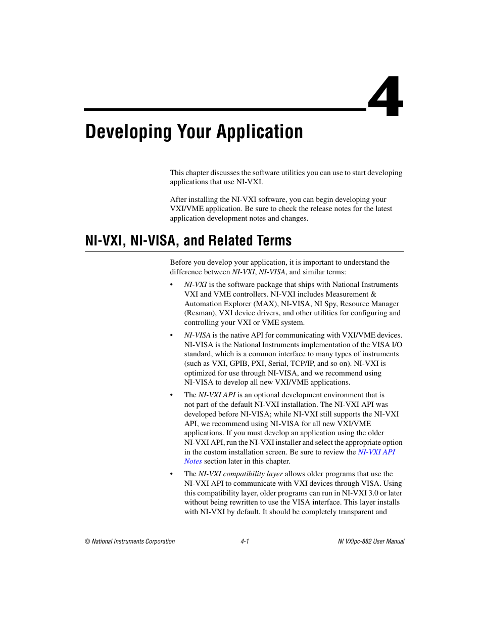 Chapter 4 developing your application, Ni-vxi, ni-visa, and related terms, Ni-vxi, ni-visa, and related terms -1 | Developing your application | National Instruments NI VXIpc-882 User Manual | Page 49 / 106