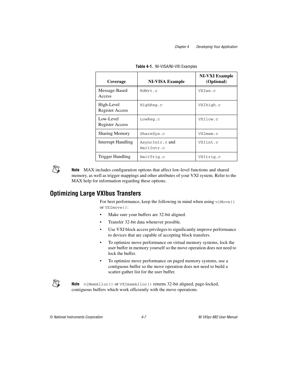 Table 4-1. ni-visa/ni-vxi examples, Optimizing large vxibus transfers, Optimizing large vxibus transfers -7 | National Instruments NI VXIpc-882 User Manual | Page 55 / 106