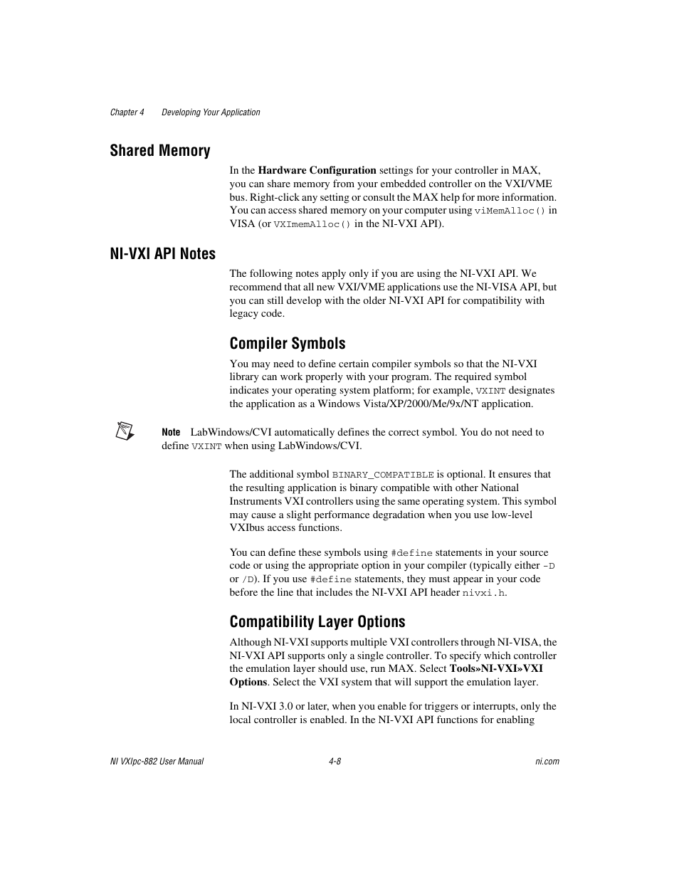 Shared memory, Ni-vxi api notes, Compiler symbols | Compatibility layer options, Shared memory -8 ni-vxi api notes -8, Compiler symbols -8 compatibility layer options -8 | National Instruments NI VXIpc-882 User Manual | Page 56 / 106