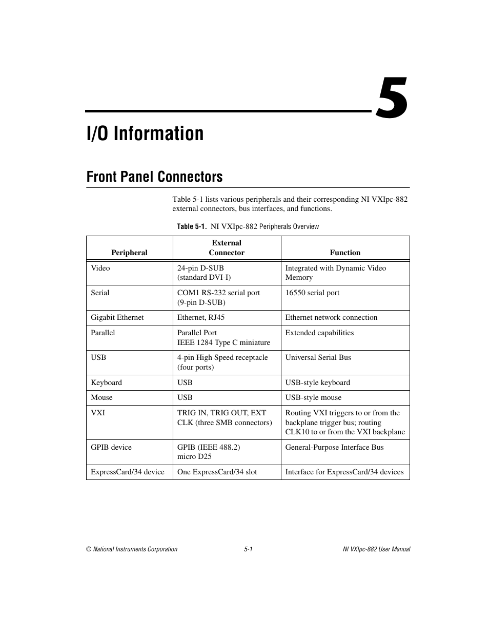 Chapter 5 i/o information, Front panel connectors, Table 5-1. ni vxipc-882 peripherals overview | Front panel connectors -1, I/o information | National Instruments NI VXIpc-882 User Manual | Page 59 / 106