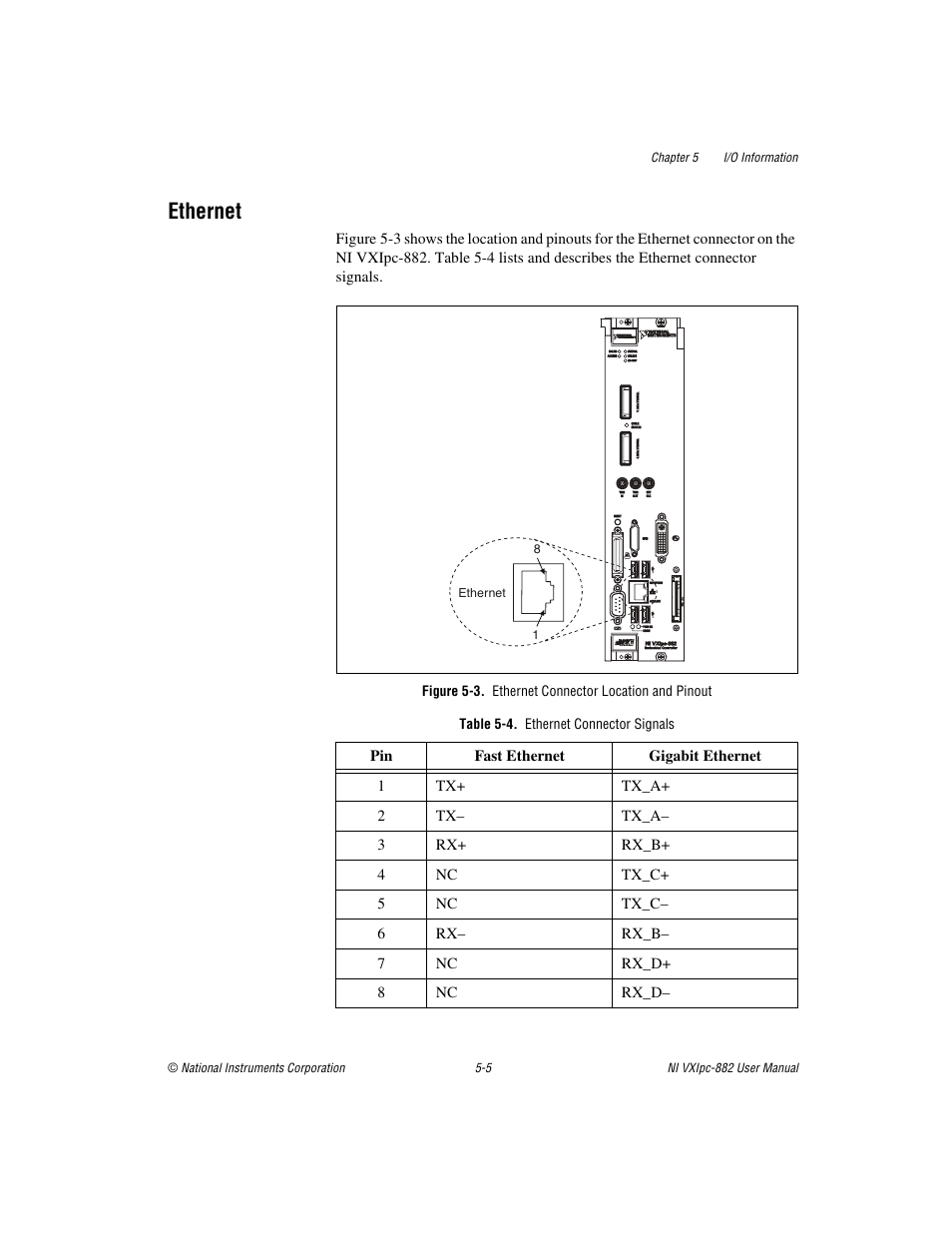 Ethernet, Figure 5-3. ethernet connector location and pinout, Table 5-4. ethernet connector signals | Ethernet -5 | National Instruments NI VXIpc-882 User Manual | Page 63 / 106