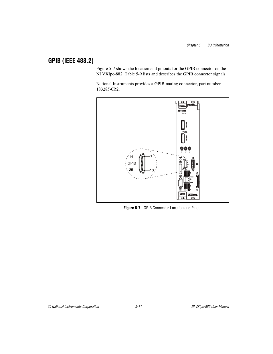 Gpib (ieee 488.2), Figure 5-7. gpib connector location and pinout, Gpib (ieee 488.2) -11 | National Instruments NI VXIpc-882 User Manual | Page 69 / 106