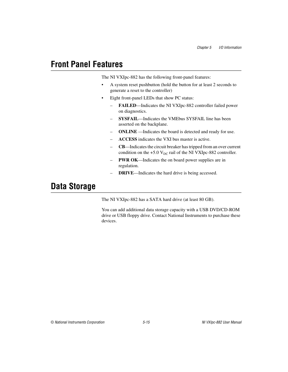 Front panel features, Data storage, Front panel features -15 data storage -15 | National Instruments NI VXIpc-882 User Manual | Page 73 / 106