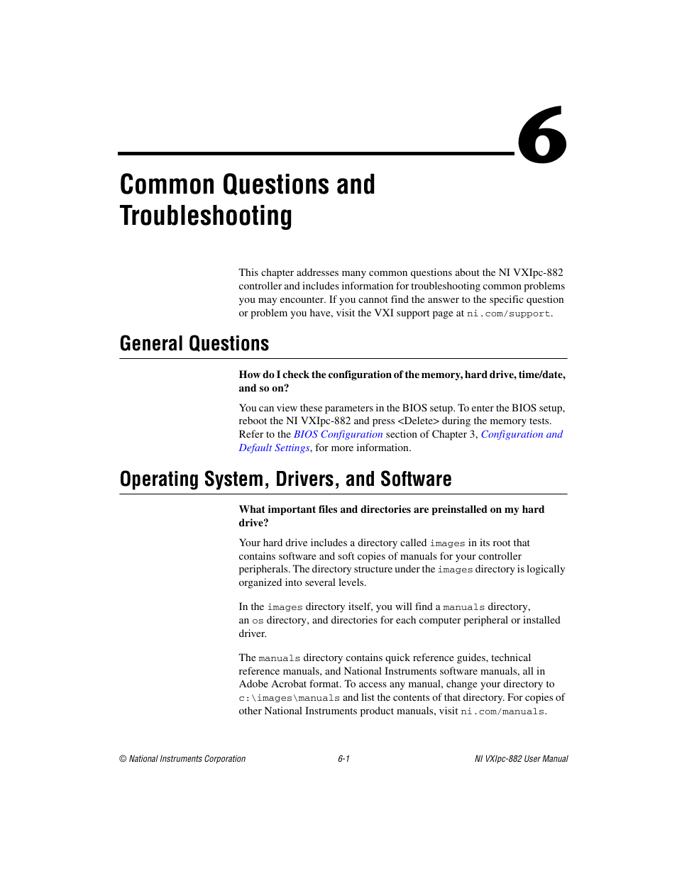 Chapter 6 common questions and troubleshooting, General questions, Operating system, drivers, and software | Common questions and troubleshooting | National Instruments NI VXIpc-882 User Manual | Page 74 / 106