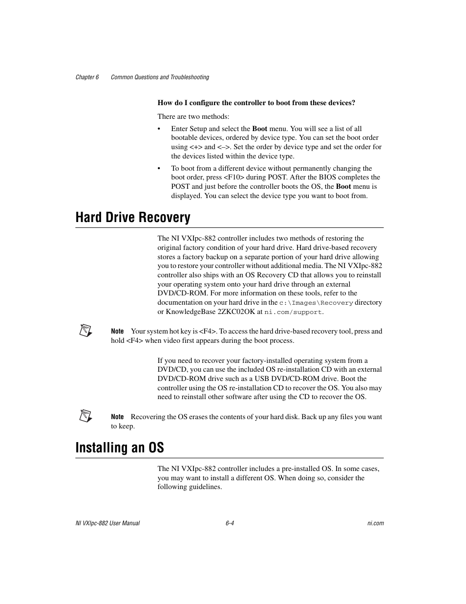 Hard drive recovery, Installing an os, Hard drive recovery -4 installing an os -4 | National Instruments NI VXIpc-882 User Manual | Page 77 / 106
