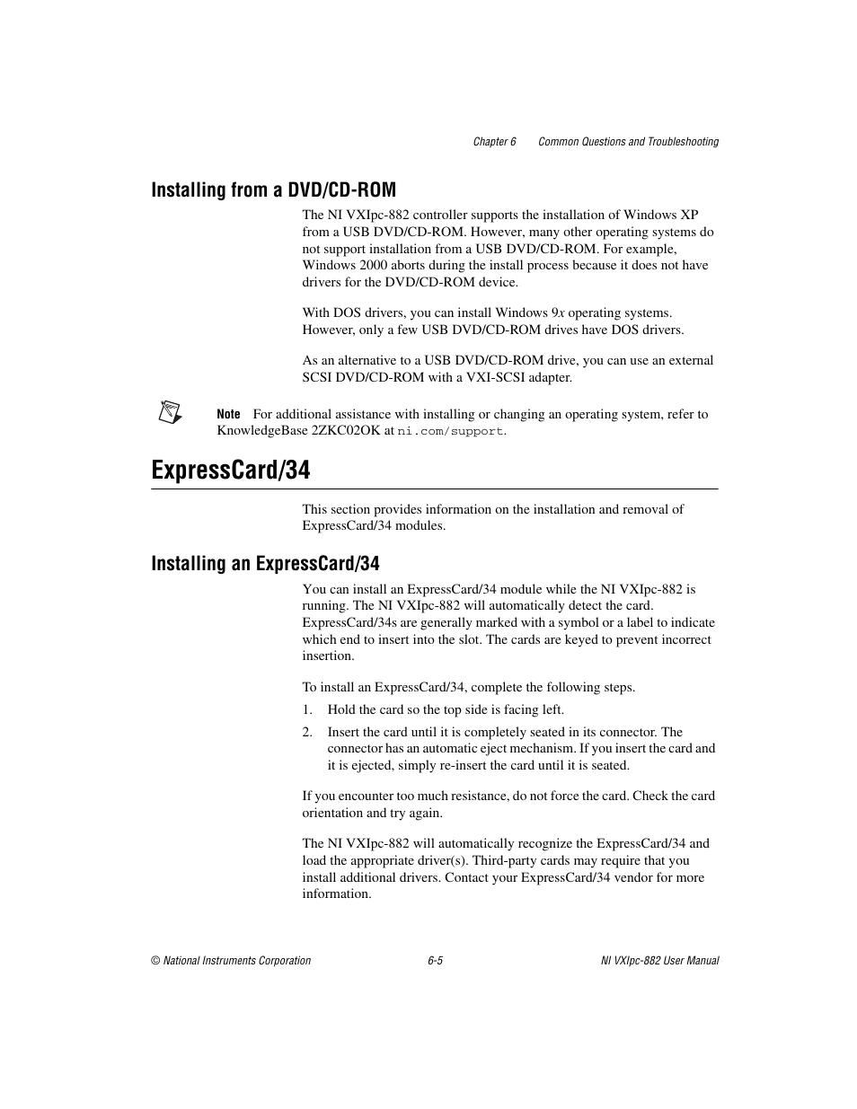 Installing from a dvd/cd-rom, Expresscard/34, Installing an expresscard/34 | Installing from a dvd/cd-rom -5, Expresscard/34 -5, Installing an expresscard/34 -5 | National Instruments NI VXIpc-882 User Manual | Page 78 / 106