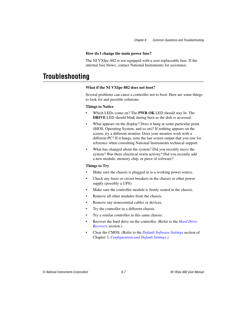 Troubleshooting, Troubleshooting -7, What if the ni vxipc-882 does not boot | Sectio | National Instruments NI VXIpc-882 User Manual | Page 80 / 106