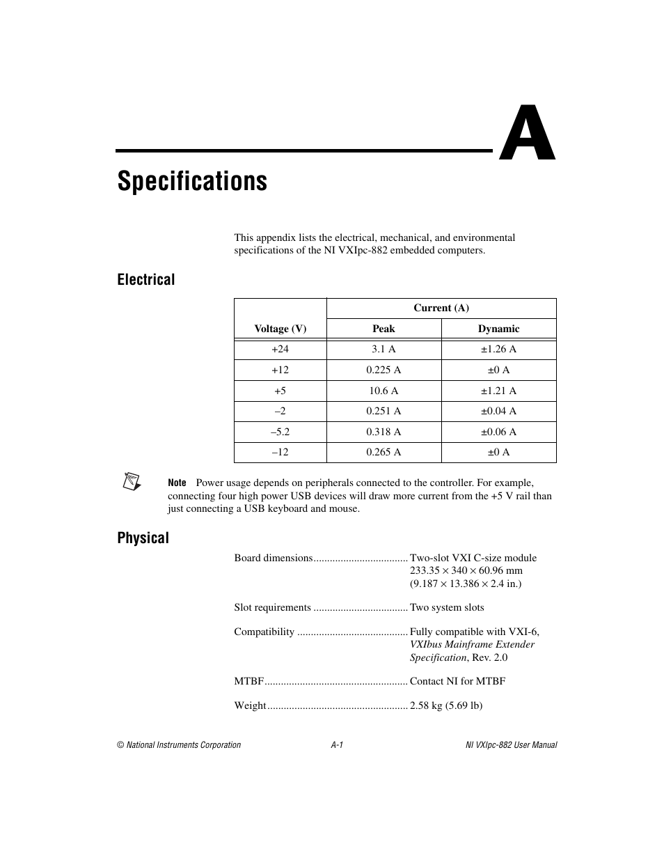 Appendix a specifications, Specifications | National Instruments NI VXIpc-882 User Manual | Page 82 / 106