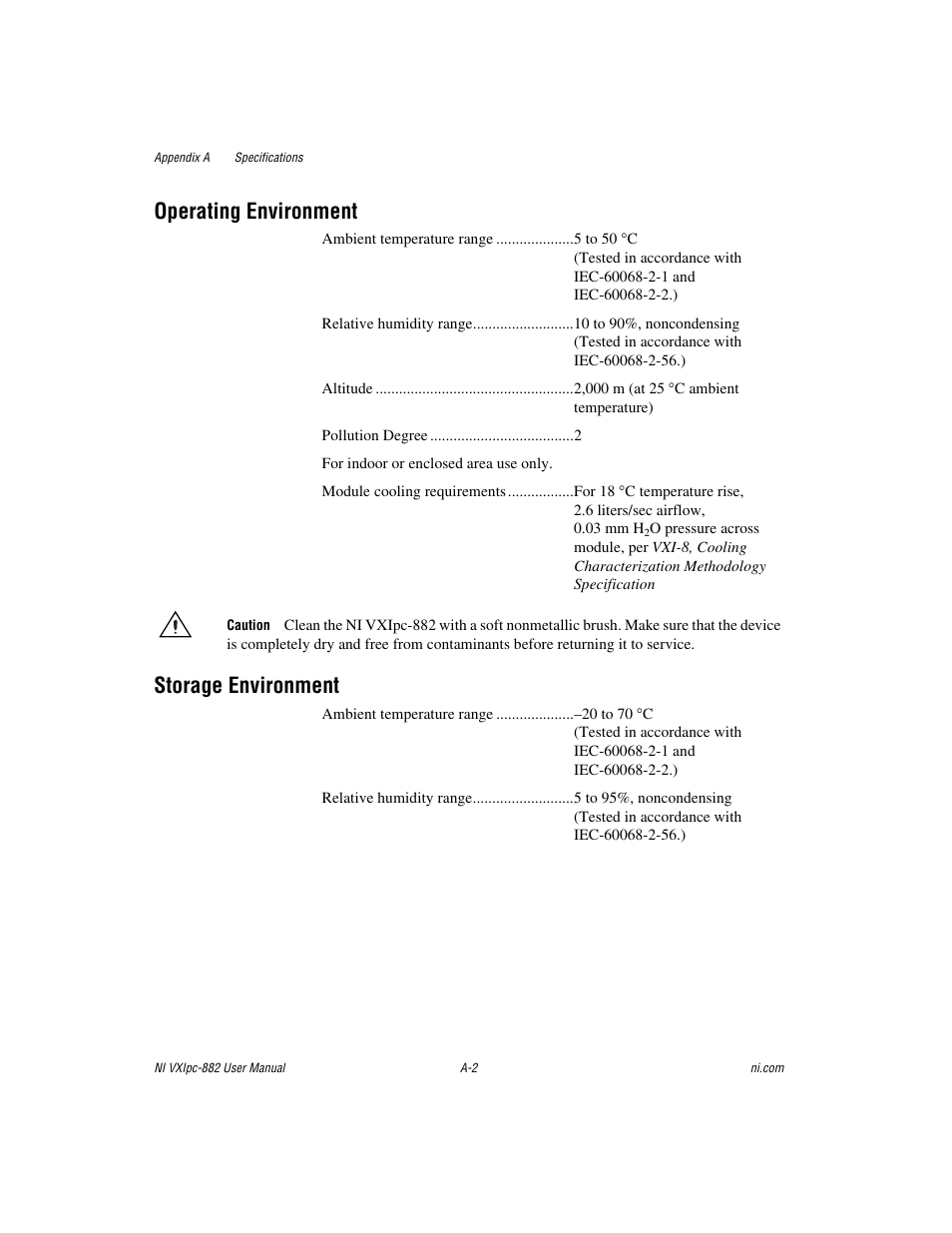 Operating environment, Storage environment | National Instruments NI VXIpc-882 User Manual | Page 83 / 106