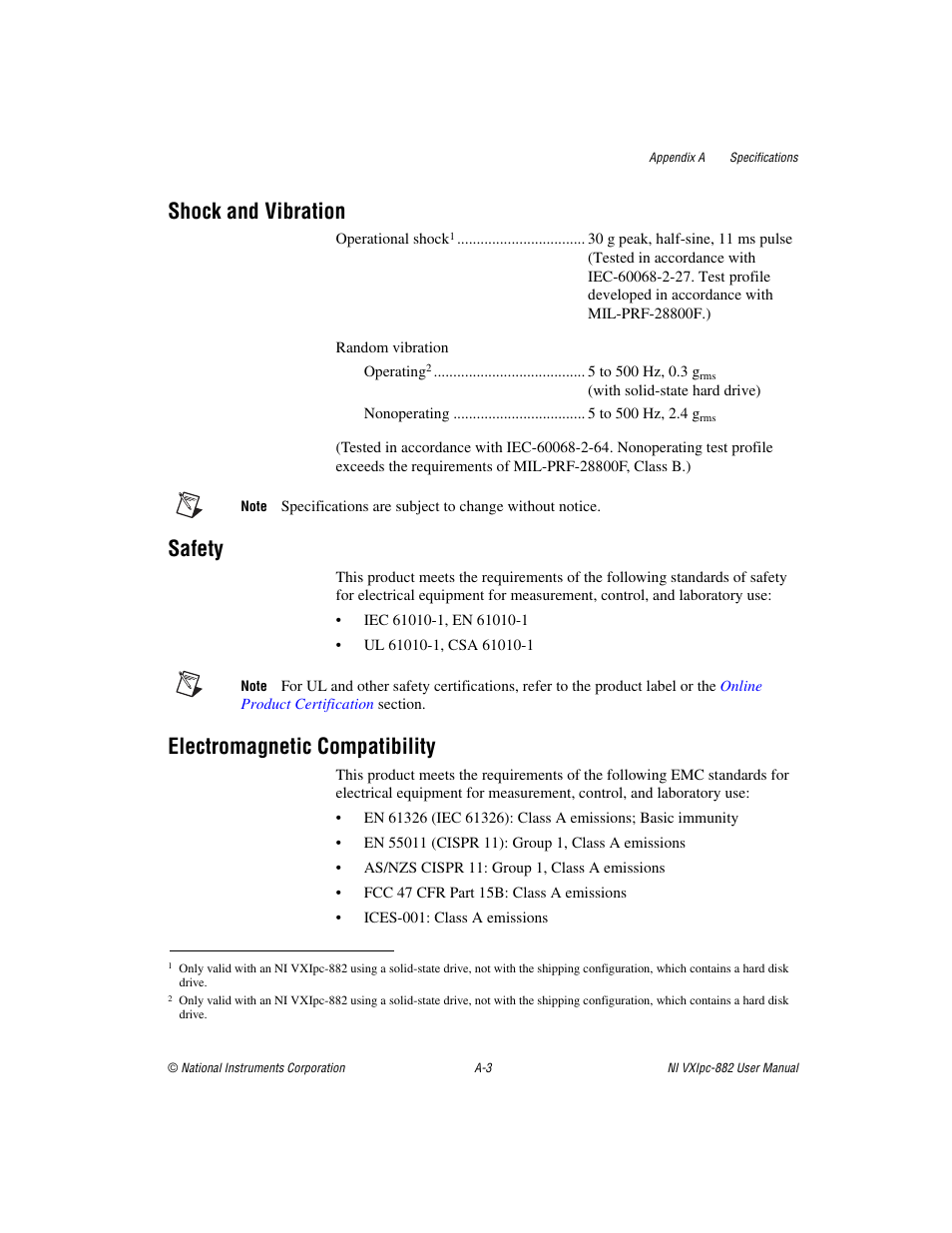 Shock and vibration, Safety, Electromagnetic compatibility | National Instruments NI VXIpc-882 User Manual | Page 84 / 106