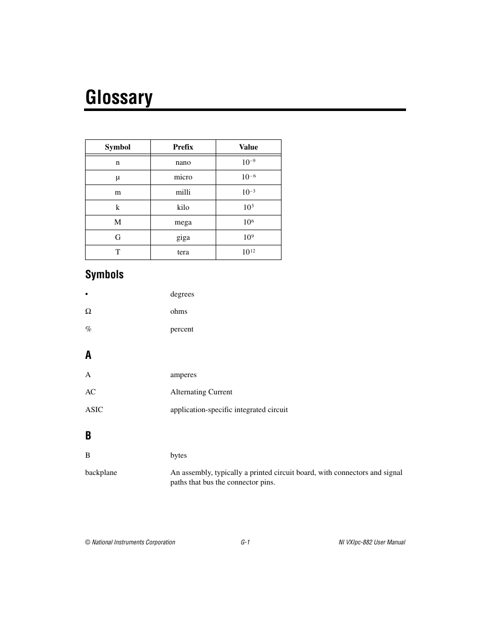 Glossary, Symbols | National Instruments NI VXIpc-882 User Manual | Page 94 / 106