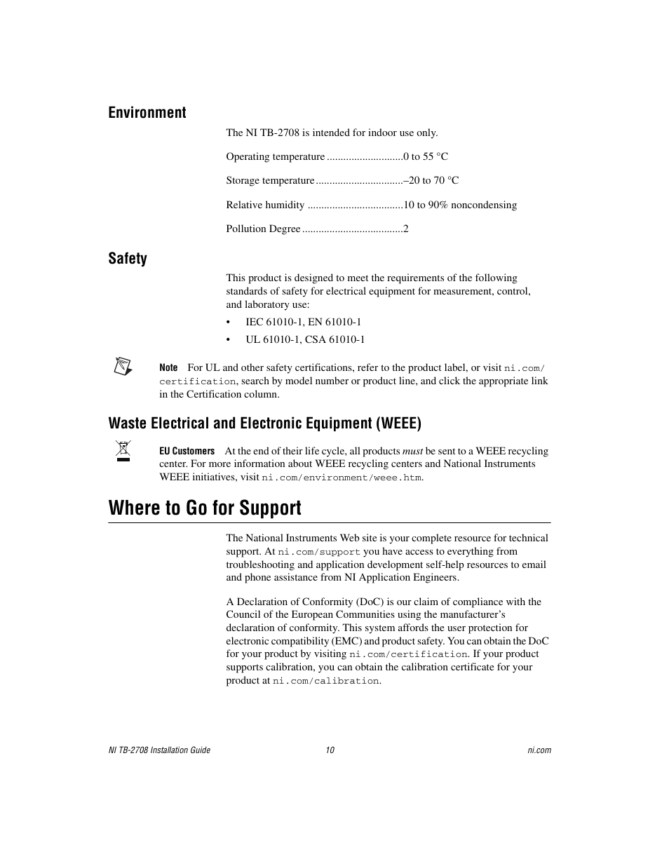 Environment, Safety, Waste electrical and electronic equipment (weee) | Where to go for support | National Instruments PXI Terminal Block NI TB-2708 User Manual | Page 10 / 12