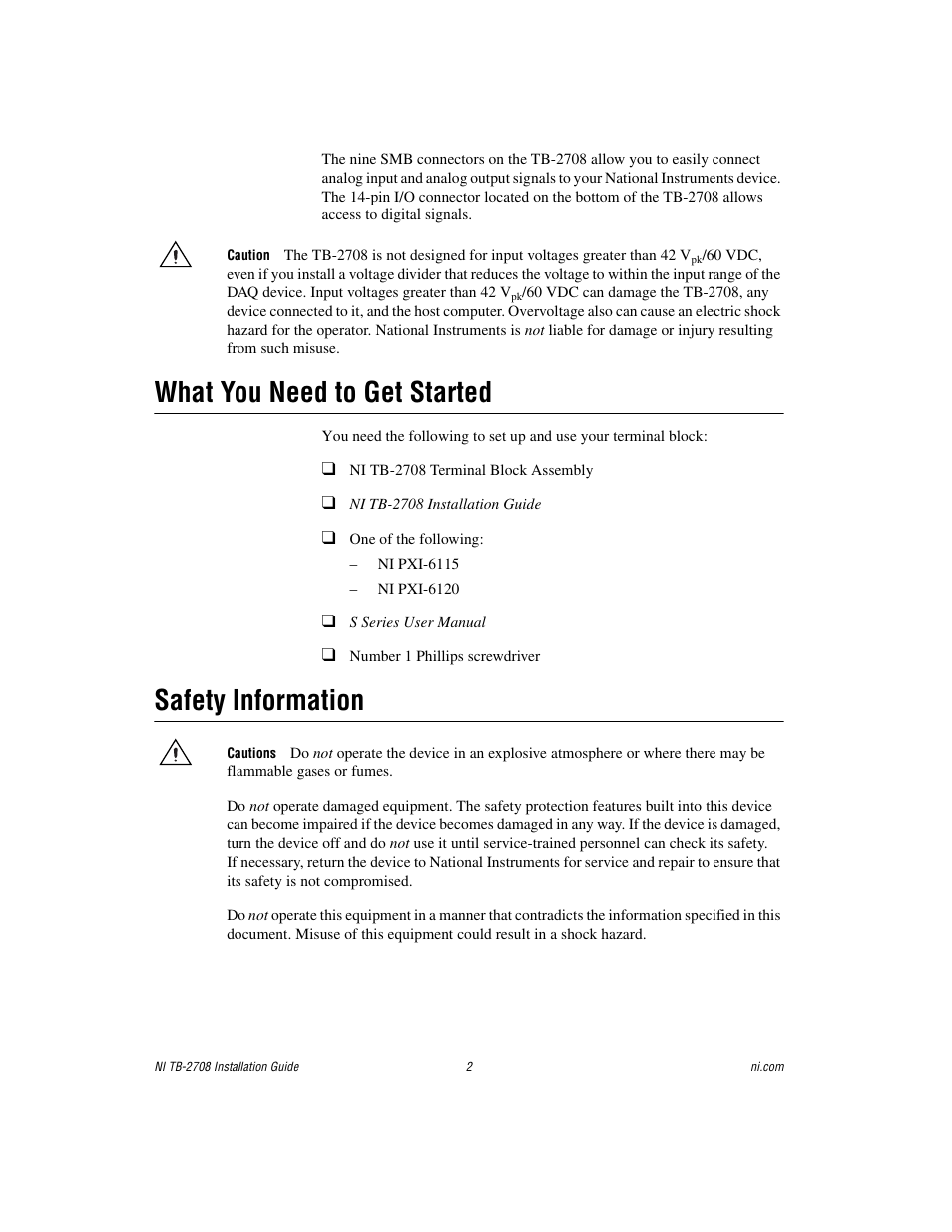 What you need to get started, Safety information | National Instruments PXI Terminal Block NI TB-2708 User Manual | Page 2 / 12