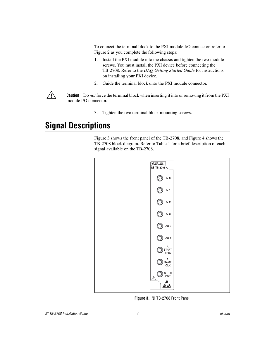Signal descriptions, Figure 3. ni tb-2708 front panel | National Instruments PXI Terminal Block NI TB-2708 User Manual | Page 4 / 12