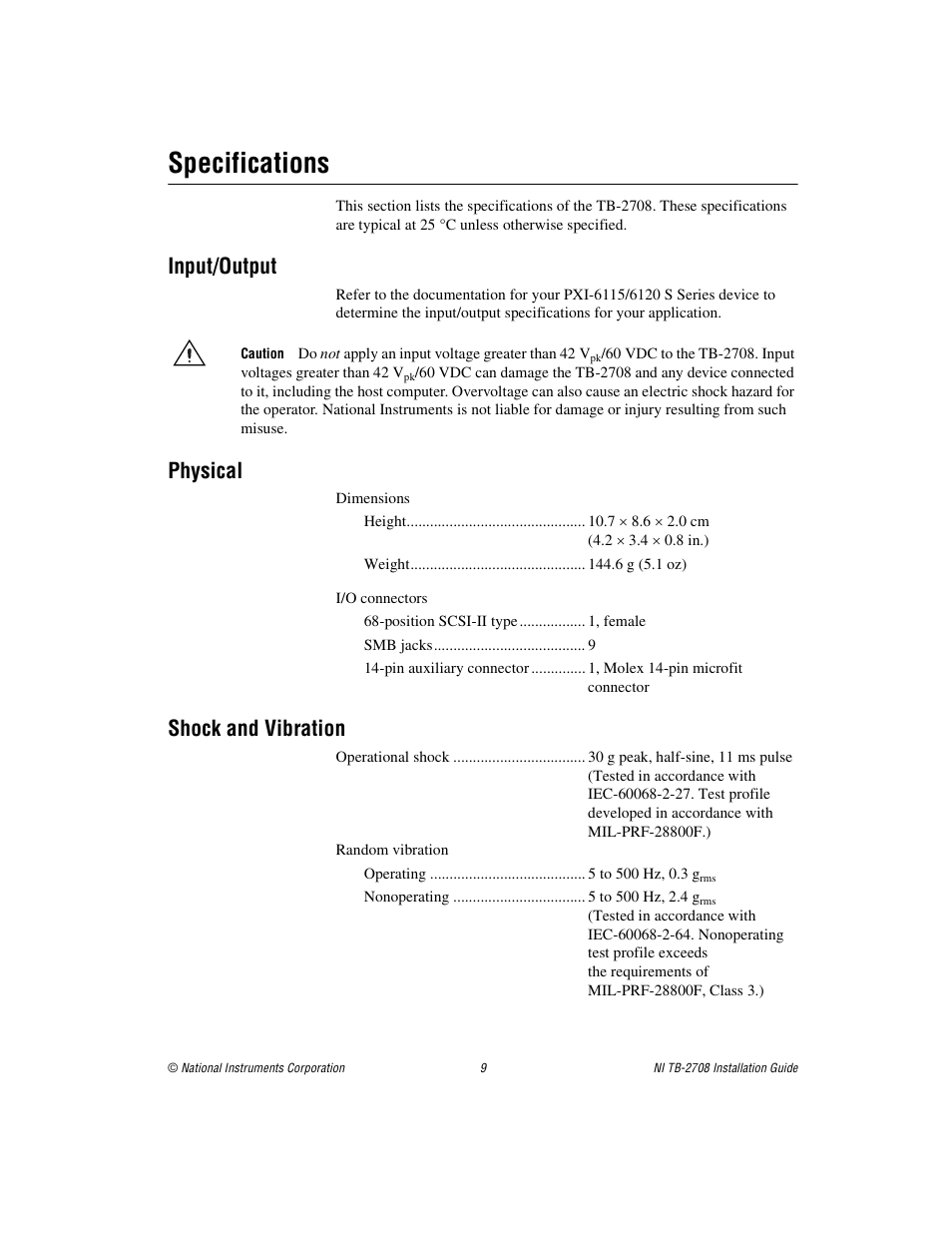 Specifications, Input/output, Physical | Shock and vibration | National Instruments PXI Terminal Block NI TB-2708 User Manual | Page 9 / 12