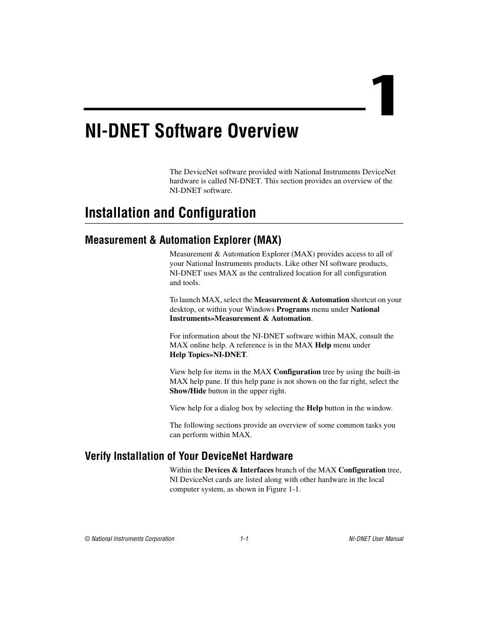 Chapter 1 ni-dnet software overview, Installation and configuration, Measurement & automation explorer (max) | Verify installation of your devicenet hardware, Installation and configuration -1, Ni-dnet software overview | National Instruments NI-DNET User Manual | Page 10 / 86