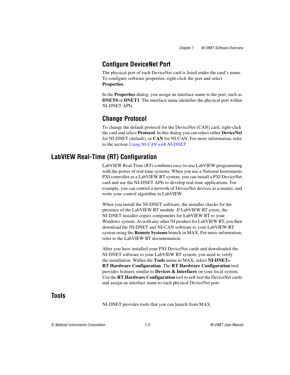 Configure devicenet port, Change protocol, Labview real-time (rt) configuration | Tools, Configure devicenet port -3 change protocol -3, Labview real-time (rt) configuration -3 tools -3 | National Instruments NI-DNET User Manual | Page 12 / 86