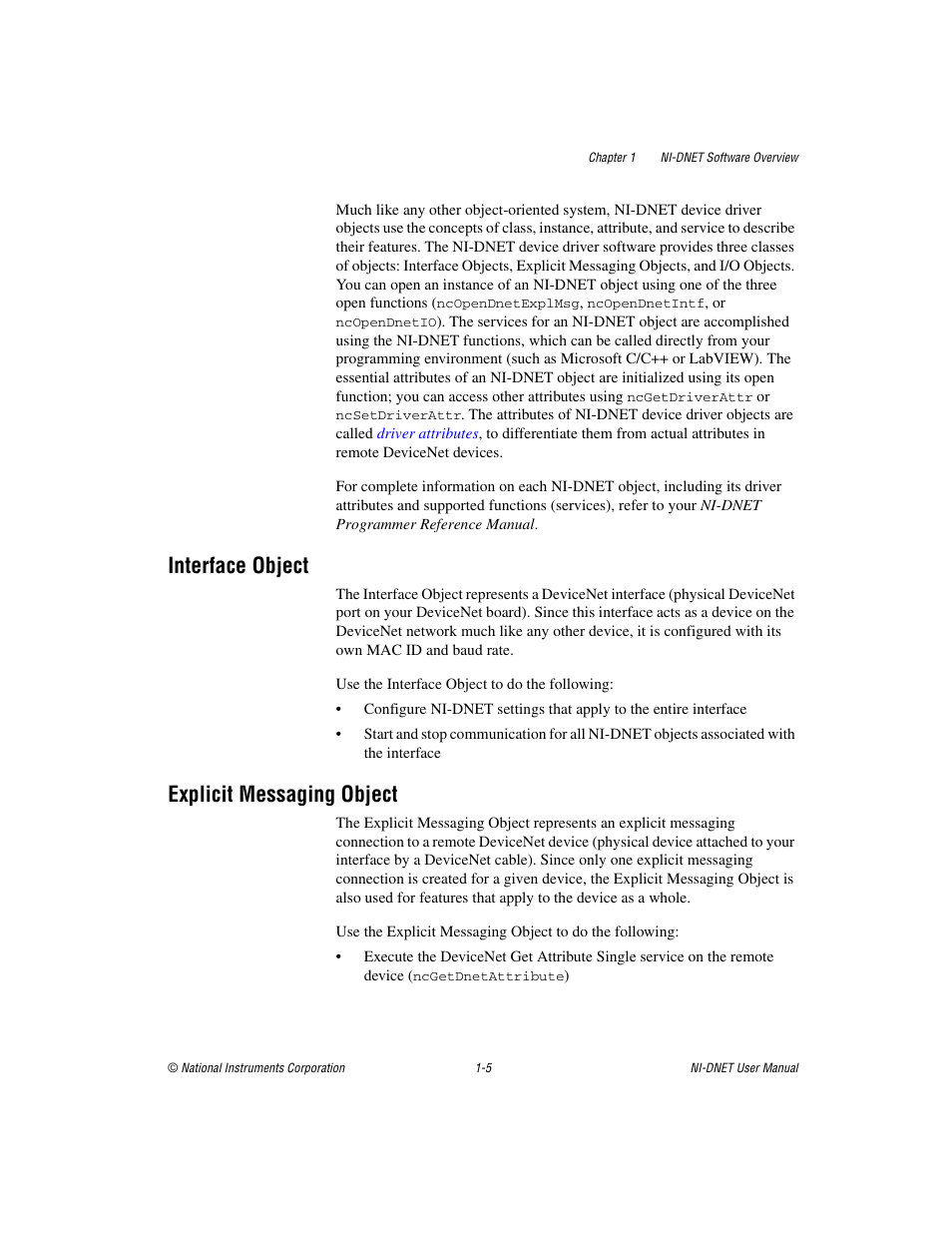 Interface object, Explicit messaging object, Interface object -5 explicit messaging object -5 | National Instruments NI-DNET User Manual | Page 14 / 86